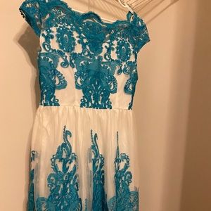Off White and Sky Blue Embroidered Tulle Dress